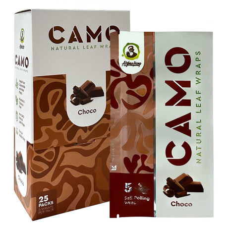 Chamomile Wraps - Chocolate - Carton of 25 packs, featuring resealable packaging with visible chocolate wrappers, designed for premium, tobacco-free smoking experiences.