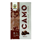 Chamomile Wraps – Chocolate carton featuring 25 packs, each with a resealable foil pack of 5 smooth, slow-burning, tobacco-free wraps, visible through packaging.