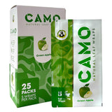 Chamomile Wraps - Green Apple - Carton of 25: Close-up of green plastic bag and box displaying green and white foil packs, emphasizing natural, tobacco-free wraps.