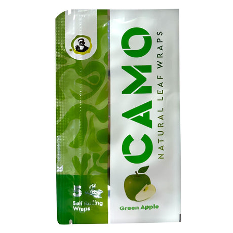 Chamomile Wraps – Green Apple carton with 25 packs, featuring close-up of resealable foil package and product details, emphasizing chamomile and mate plant composition.