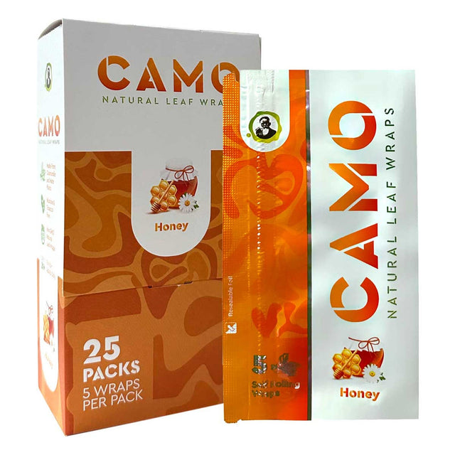 Chamomile Wraps - Honey - Carton of 25 featuring eye-catching packaging with resealable foil packs, offering smooth, tobacco-free, slow-burning wraps made from chamomile and mate plants.