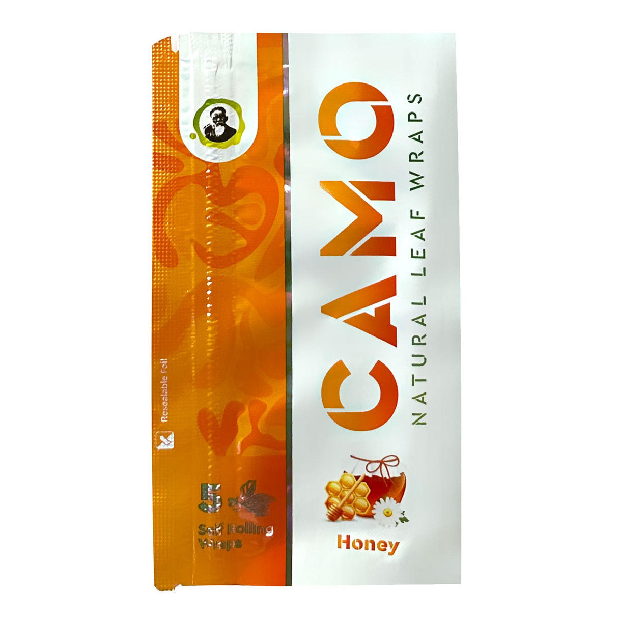 Chamomile Wraps - Honey - Carton of 25 packs, displayed in resealable foil packaging, emphasizing chamomile and honey flavors for a smooth, tobacco-free experience.