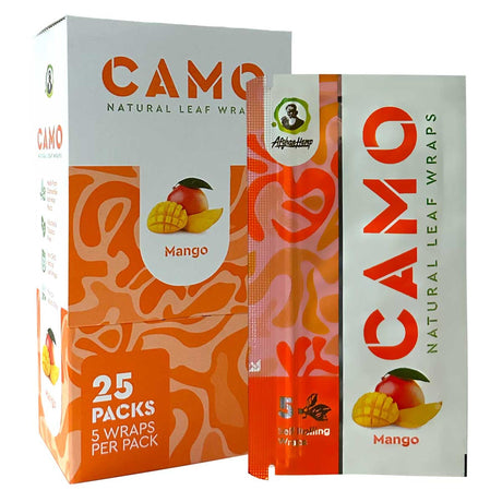 Chamomile Wraps – Mango carton of 25 packs, featuring resealable foil packs with five all-natural, tobacco-free wraps, highlighting a subtle mango essence for a smooth smoking experience.
