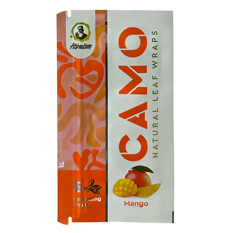 Chamomile Wraps - Mango - Carton of 25 packs; close-up of mango fruit and logo, highlighting the product's natural, tobacco-free composition and tropical flavor.