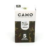 Chamomile Wraps - Natural - Carton of 25 packs, featuring camouflage-themed packaging and a close-up of the logo on a sleek, black background.