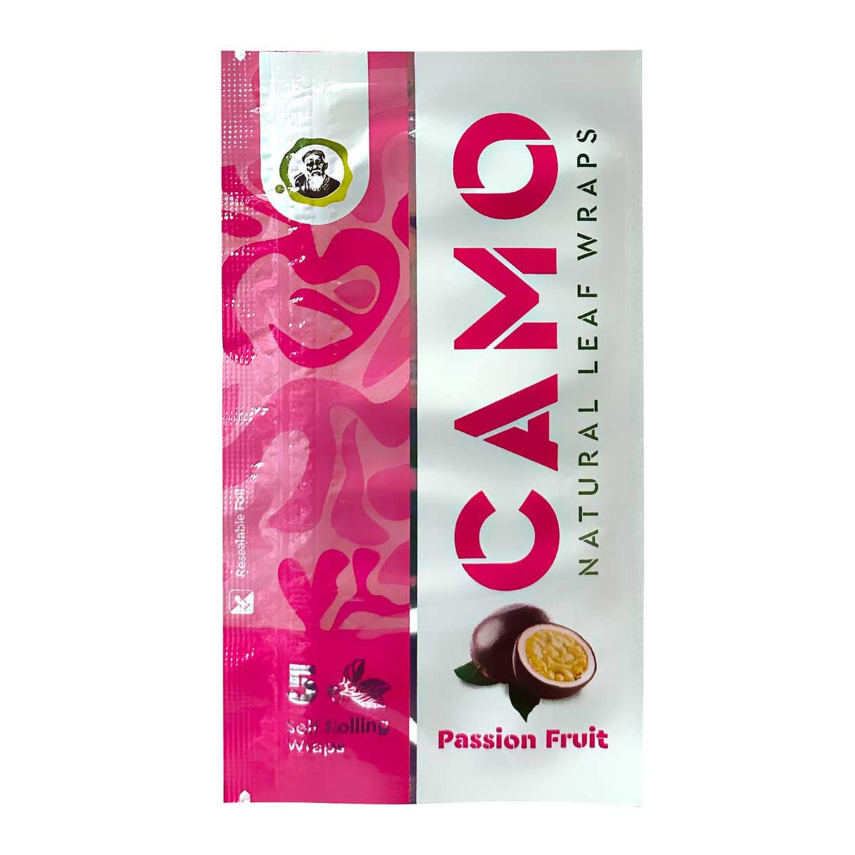 Chamomile Wraps - PassionFruit - Carton of 25; features half passion fruit imagery, highlighting the tropical essence of chamomile and mate plant-based, tobacco-free wraps.