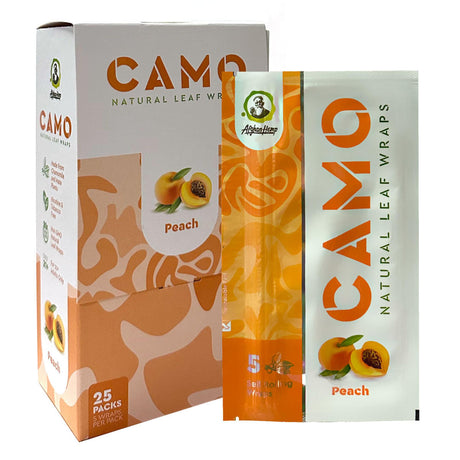 Chamomile Wraps - Peach - Carton of 25 packs, showcasing close-up packaging detail of convenience food product with fruit imagery, highlighting its natural, tobacco-free composition.