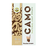 Chamomile Wraps - Russian Cream - Carton of 25; close-up of product logo, a drink with a straw, and packaging featuring cream and brown wrappers.