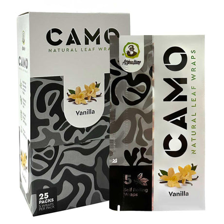 Chamomile Wraps - Vanilla - Carton of 25; features close-up of packaging and product details, highlighting resealable foil packs with 5 tobacco-free chamomile wraps each.