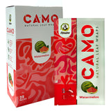 Chamomile Wraps - Watermelon - Carton of 25, featuring a watermelon and slice, alongside a box of resealable foil packs, ideal for smooth, tobacco-free smoking.