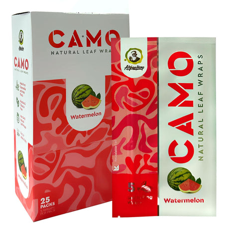 Chamomile Wraps - Watermelon - Carton of 25, featuring a watermelon and slice, alongside a box of resealable foil packs, ideal for smooth, tobacco-free smoking.