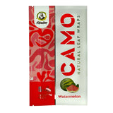 Chamomile Wraps - Watermelon - Carton of 25 packs, featuring resealable foil packs with 5 slow-burning, tobacco-free wraps, highlighting close-up packaging and watermelon imagery.