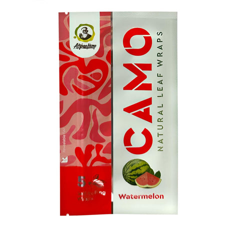 Chamomile Wraps - Watermelon - Carton of 25 packs, featuring resealable foil packs with 5 slow-burning, tobacco-free wraps, highlighting close-up packaging and watermelon imagery.