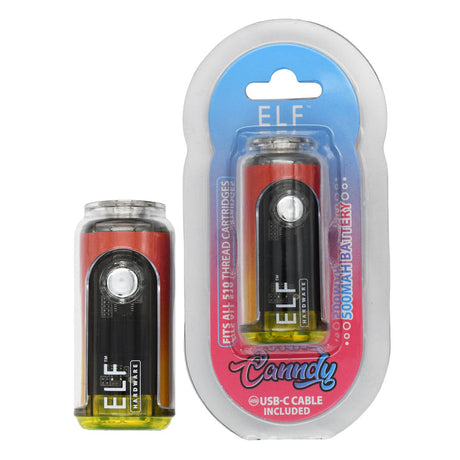 ELF Canndy 510 Thread Mini Battery in packaging, showcasing its compact design and digital display, ideal for customizable vaping with four voltage settings.