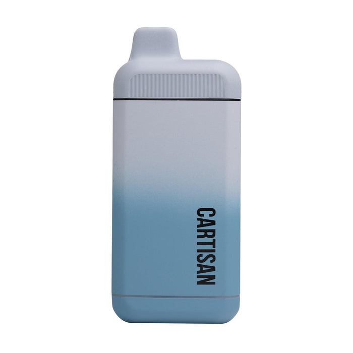 Cartisan Veil Bar Flow 510 Battery, compact vape with white-to-blue finish, features Flow Mode fan for hands-free use, ergonomic design, and LED indicators.
