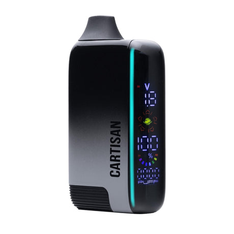 Veil Bar Pro EVO 510 Battery, a sleek handheld vaporizer with a digital display showing voltage, battery level, and puff count, featuring a small top mouthpiece.