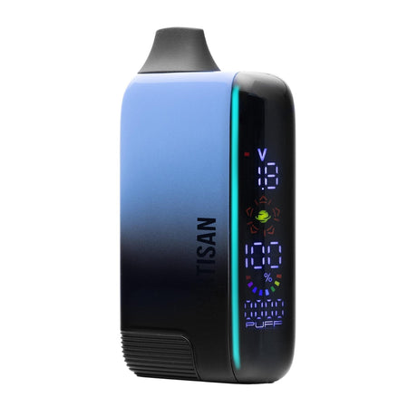 Veil Bar Pro EVO 510 Battery, compact vaping device with digital display, showing voltage, battery, and puff count. Blue/black body, mouthpiece on top.