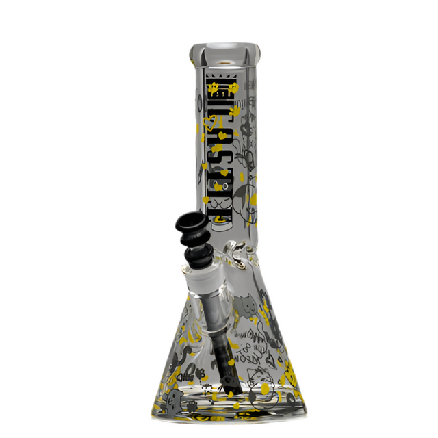 12 Beaker Bong - Kitty: Glass bong with playful cat design, featuring paw prints and meow text, crafted from durable borosilicate glass for smooth filtration.