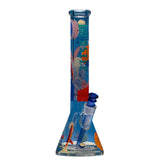 16 Interstellar Beaker: Blue-tinted glass bong with beaker base, removable downstem, and vivid space-themed graphics—rockets, planets, and astronaut. Crafted from durable 9mm borosilicate glass.