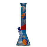 16 Interstellar Beaker: A blue-tinted glass bong with a beaker base, space-themed graphics, straight neck, and removable bowl, showcasing cosmic artistry and functionality.