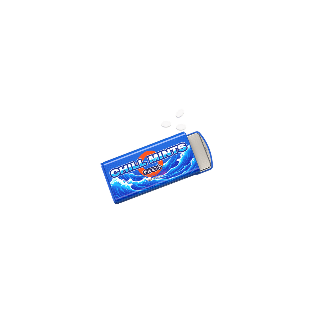 Chill Mints Dugout with mint tin open, spilling white tablets. Features stealth design for discreet use, with integrated smell-proof compartment and mints for freshness.