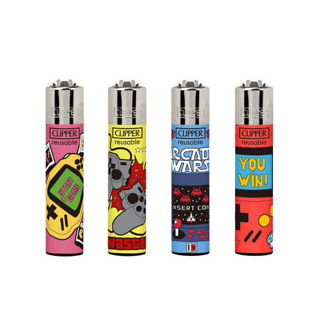 Classic Large Lighters Gamer Lover - Tray of 48, featuring four Clipper lighters with gamer-themed designs, each equipped with a packing tool, refillable, and parts replaceable.