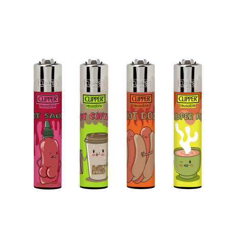Tray of 48 Classic Large Lighters Hot Sentences, featuring varied designs and a packing tool, emphasizing reusability with refillable gas and replaceable parts.