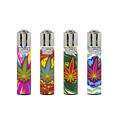 Classic Large Lighters Leaves Explosion - Tray of 48 features four Clipper lighters with leaf designs, each with a packing tool, refillable, and reusable parts.