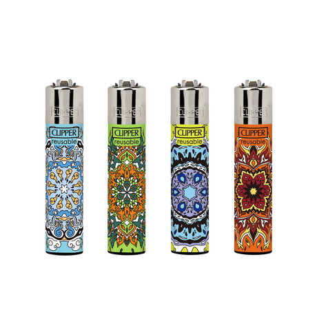 Tray of 48 Classic Large Lighters Mandala 8, featuring reusable Clipper lighters with Mandala designs, refillable gas, and replaceable parts for sustainability.