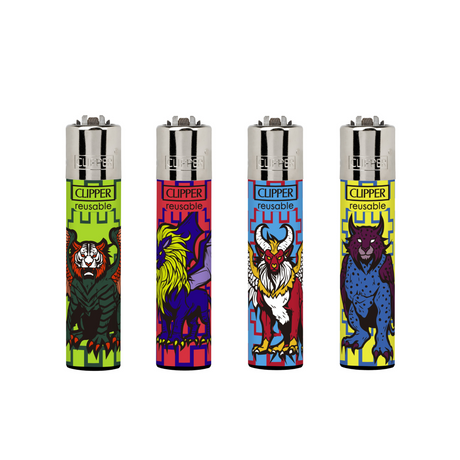 Tray of 48 Classic Large Lighters featuring random creatures patterns, each with a packing tool, refillable gas, replaceable flints, and spark wheels for reusability.