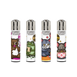 Classic Large Lighters Random Creatures White - Tray of 48 featuring cartoon characters like a frog and bear, with refillable and reusable features.