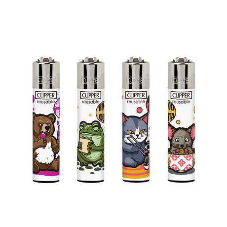 Classic Large Lighters Random Creatures White - Tray of 48 featuring cartoon characters like a frog and bear, with refillable and reusable features.