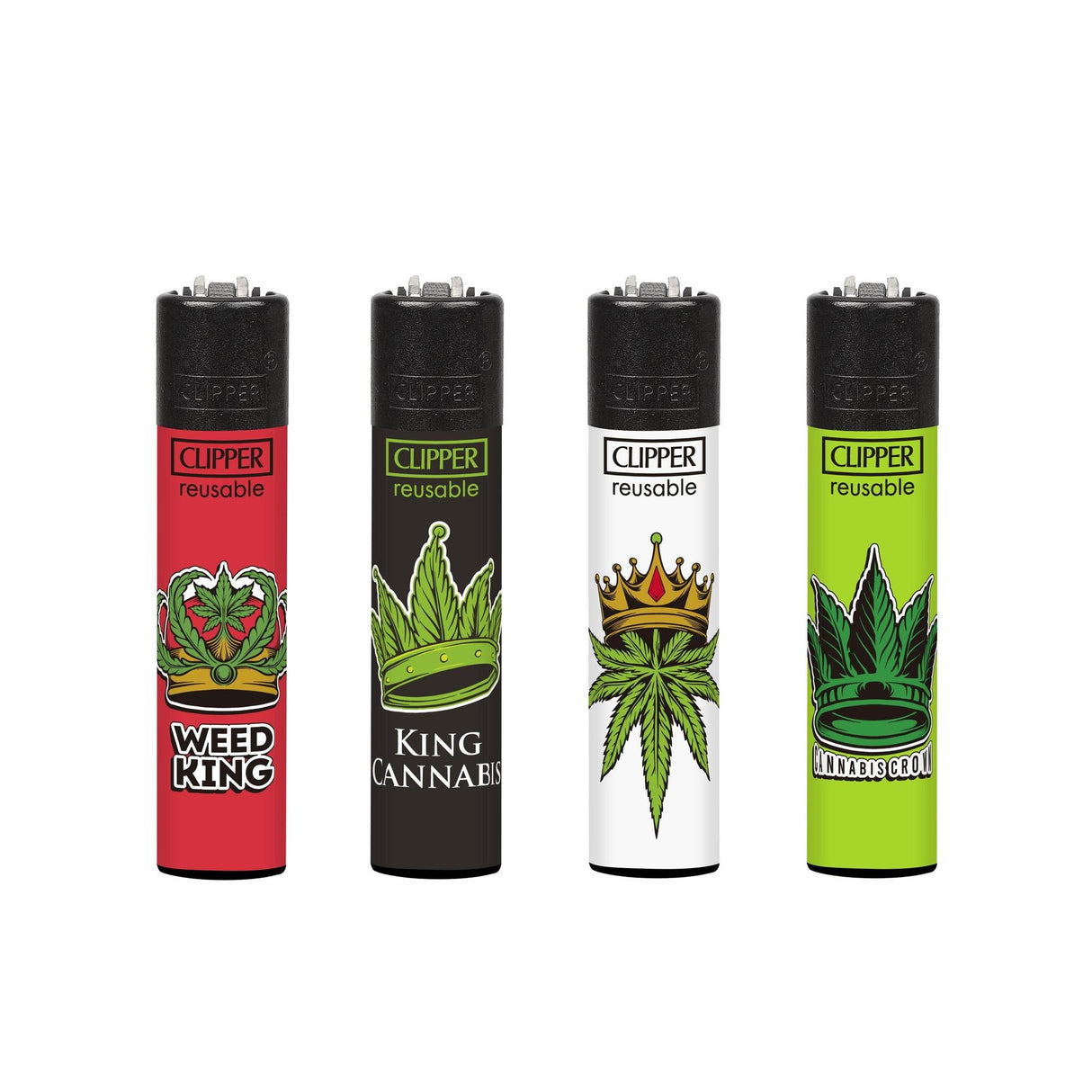 Classic Large Lighters Canna King - Tray of 48 featuring unique designs, each with a packing tool. Refillable and reusable for lasting use.
