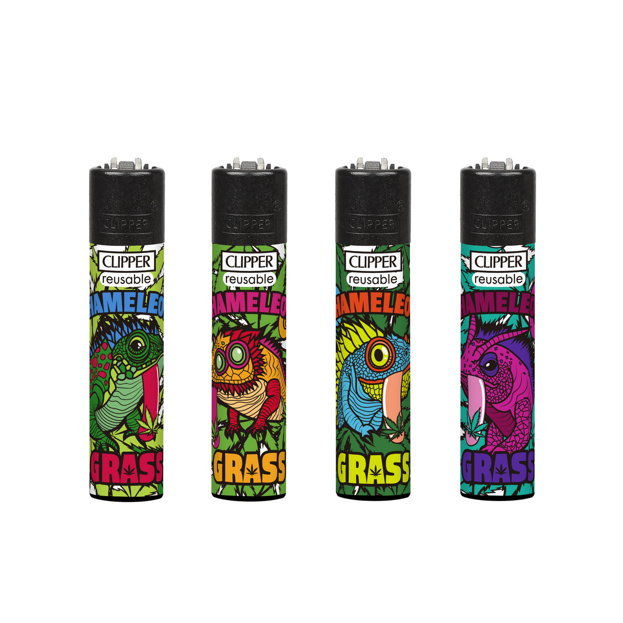 Classic Large Lighters Chameleon Grass - Tray of 48, featuring chameleon-inspired designs. Includes refillable gas, replaceable flints, and spark wheels for sustainability.