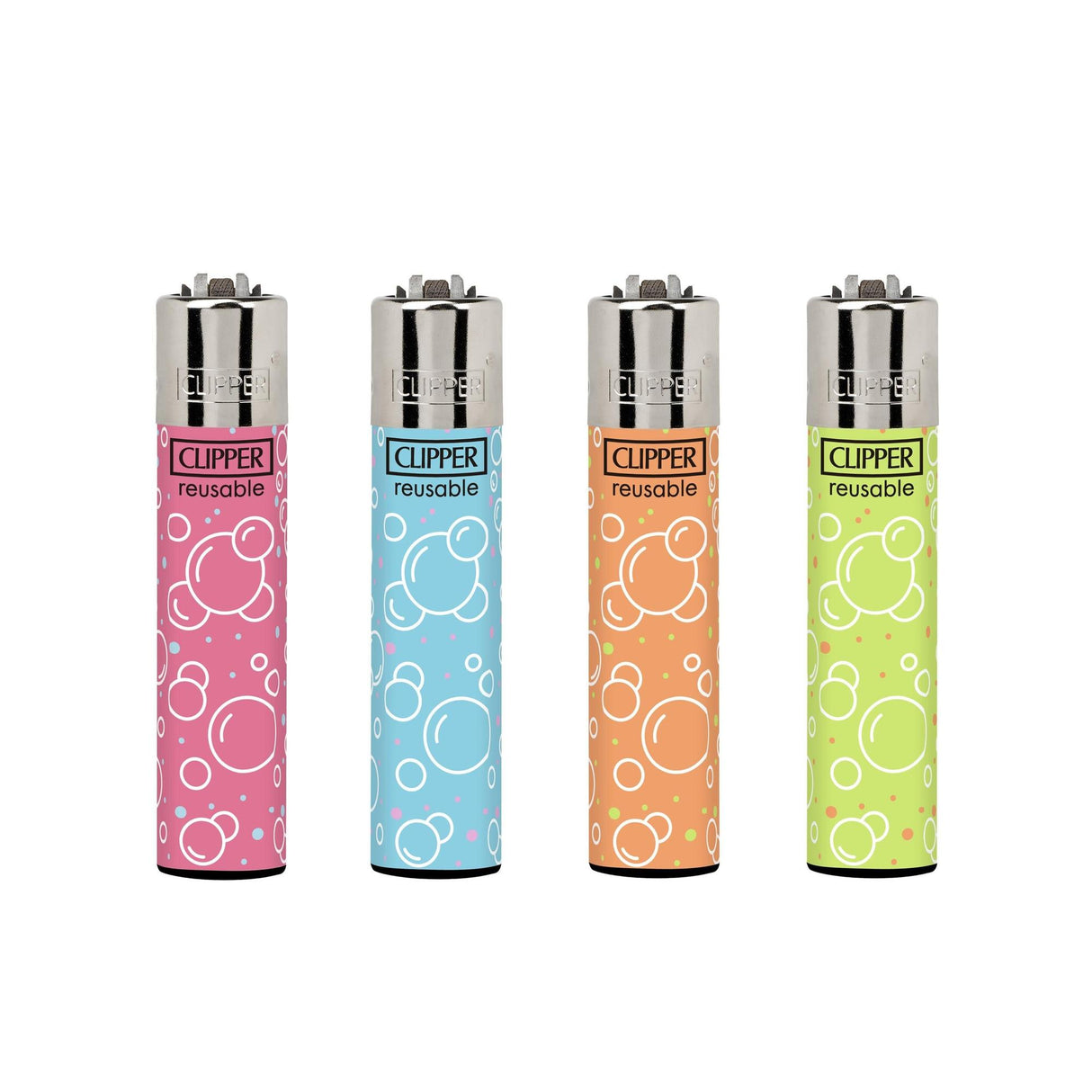 Classic Large Lighters Fancy Bubbles - Tray of 48: A set of colorful Clipper lighters with bubble designs, featuring refillable gas and replaceable components for sustainability.