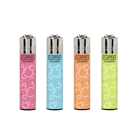 Classic Large Lighters Fancy Bubbles - Tray of 48: A set of colorful Clipper lighters with bubble designs, featuring refillable gas and replaceable components for sustainability.