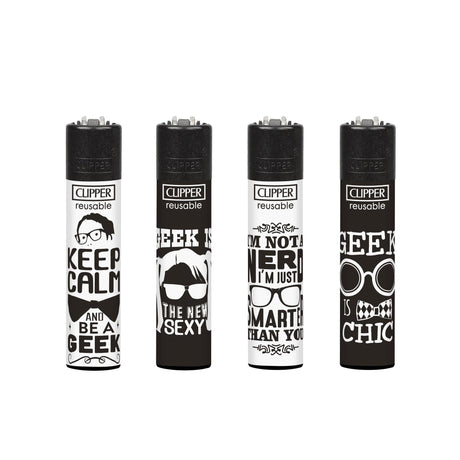 Classic Large Lighters Nerd Sentences - Tray of 48, featuring four unique designs, each with a packing tool, refillable gas, replaceable flints, and spark wheels for reusability.