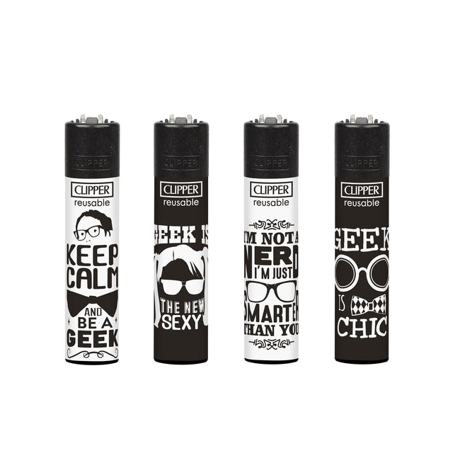 Classic Large Lighters Nerd Sentences - Tray of 48, featuring four unique designs, each with a packing tool, refillable gas, replaceable flints, and spark wheels for reusability.