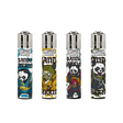 Classic Large Lighters Panda Warriors - Tray of 48, featuring cartoon panda warriors with refillable gas, replaceable flints, and spark wheels; includes packing tool.