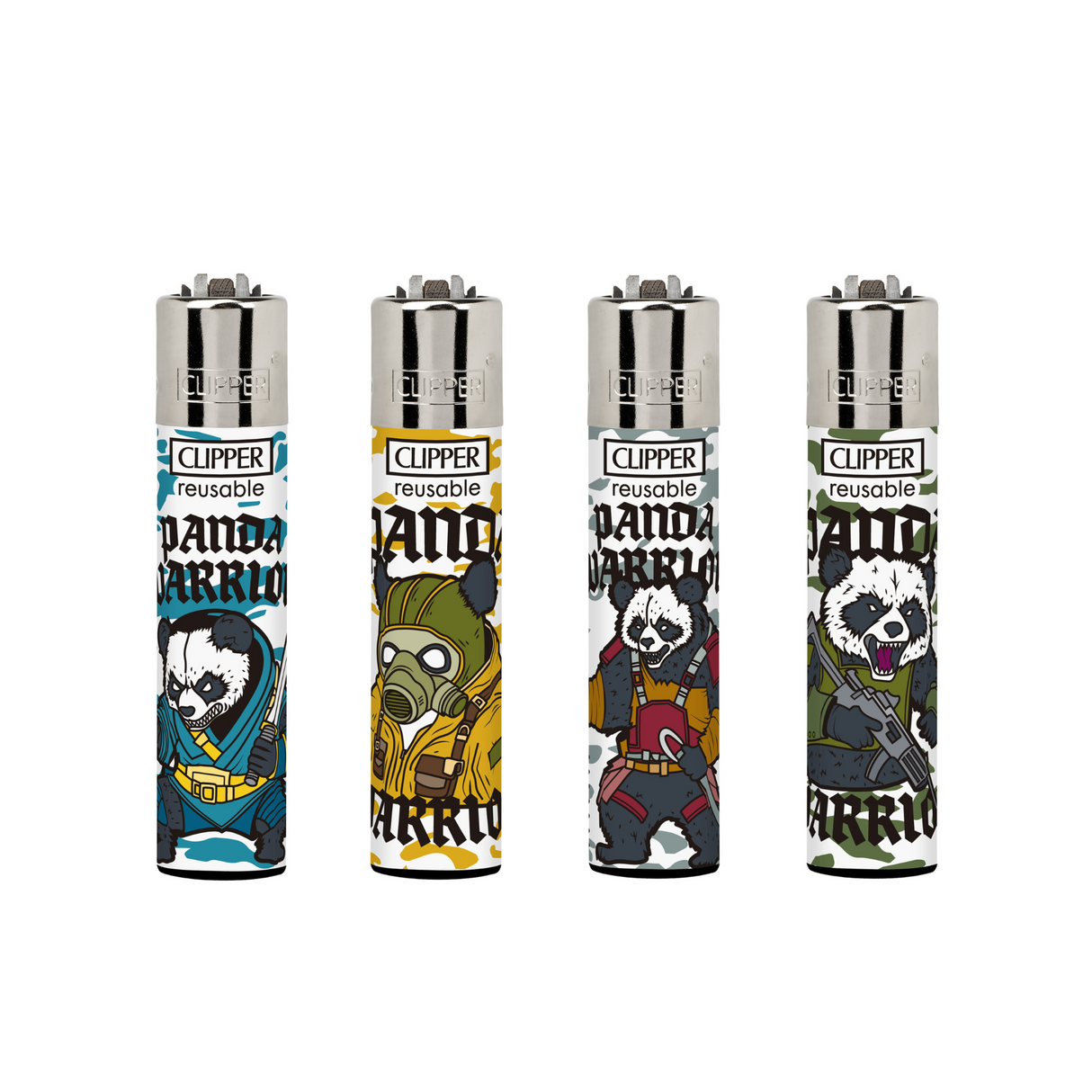 Classic Large Lighters Panda Warriors - Tray of 48, featuring cartoon panda warriors with refillable gas, replaceable flints, and spark wheels; includes packing tool.