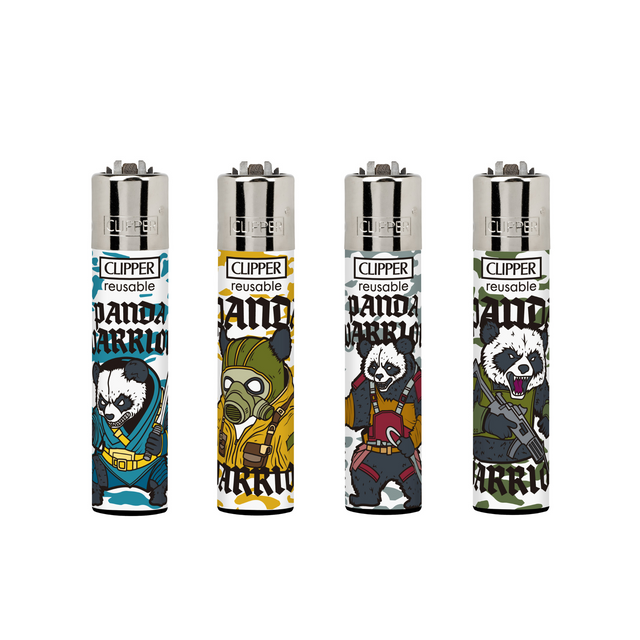 Classic Large Lighters Panda Warriors - Tray of 48, featuring cartoon panda warriors with refillable gas, replaceable flints, and spark wheels; includes packing tool.