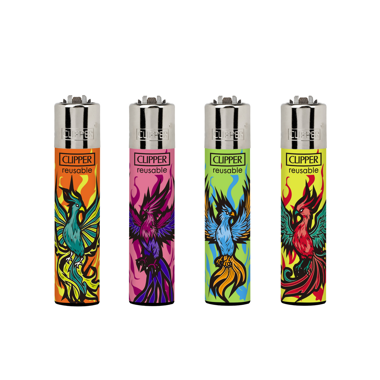 Classic Large Lighters Random Creatures Phoenix - Tray of 48 showcasing lighters with phoenix-inspired designs, offering refillable gas and replaceable parts for lasting use.