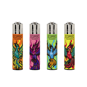 Classic Large Lighters Random Creatures Phoenix - Tray of 48 showcasing lighters with phoenix-inspired designs, offering refillable gas and replaceable parts for lasting use.