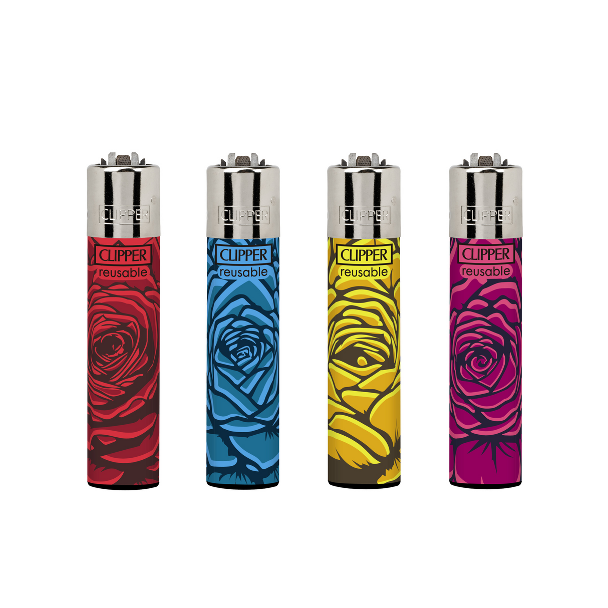 Classic Large Lighters Roses - Tray of 48, featuring rose-inspired designs, each with a packing tool, refillable gas, replaceable flints, and spark wheels.