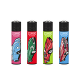 Classic Large Lighters Vintage Cars - Tray of 48 featuring Clipper lighters with vintage car illustrations, each equipped with a packing tool and reusable components.