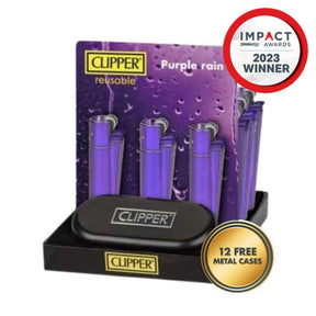 Metal Lighters Purple Rain, a tray of 12 refillable lighters featuring shiny or matte finishes with packing tools, displayed in a box.
