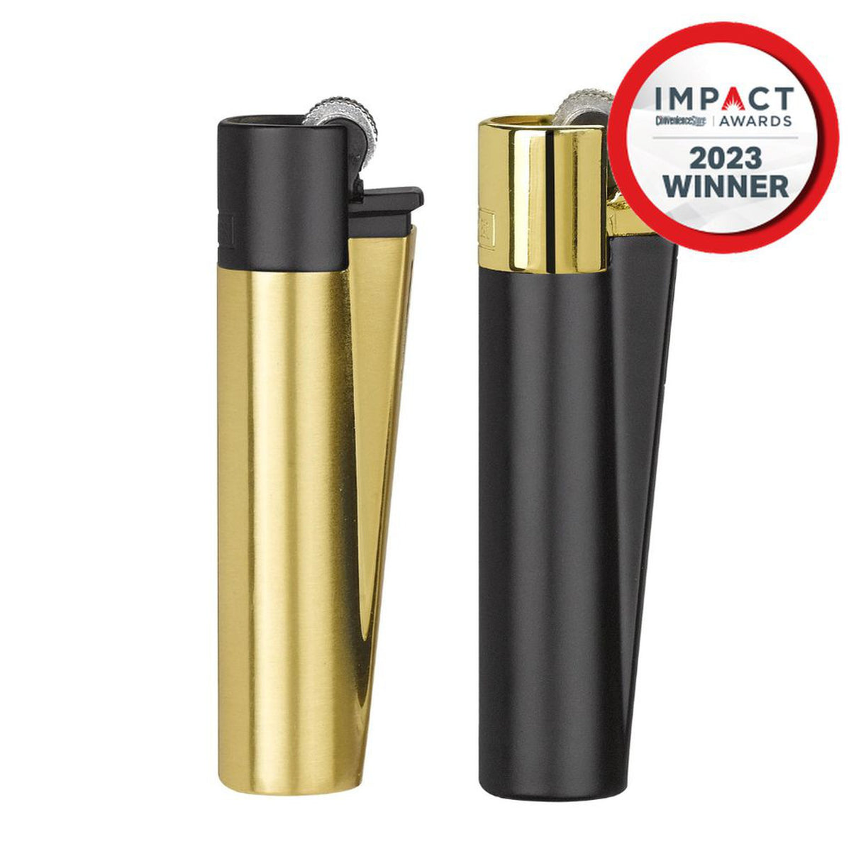 Metal Reusable Lighter - Black & Gold - 12 Pack, features a close-up of the lighter's black and gold design, highlighting its metal casing and refillable components.