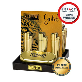 Close-up of Metal Reusable Lighter - Gold - 12 Pack, featuring sleek gold metal finish with visible logo and detailed craftsmanship.