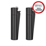 Metal Lighters Matte Black, close-up of two refillable lighters with replaceable flints, part of a set of 12 with metal cases.
