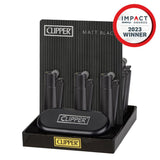 Metal Lighters Matte Black: Close-up of a black lighter in a box, part of a set with refillable gas, replaceable flints, and spark wheels.